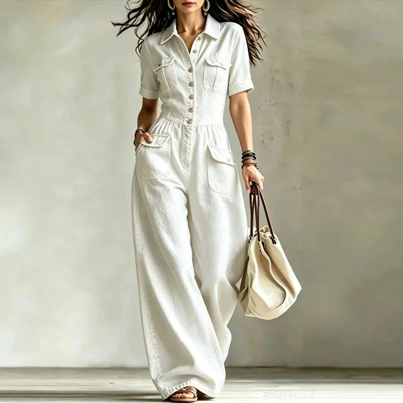 White Women's Wide-Leg Denim Jumpsuit with Button-Front Closure & Cargo Pockets — Octavia