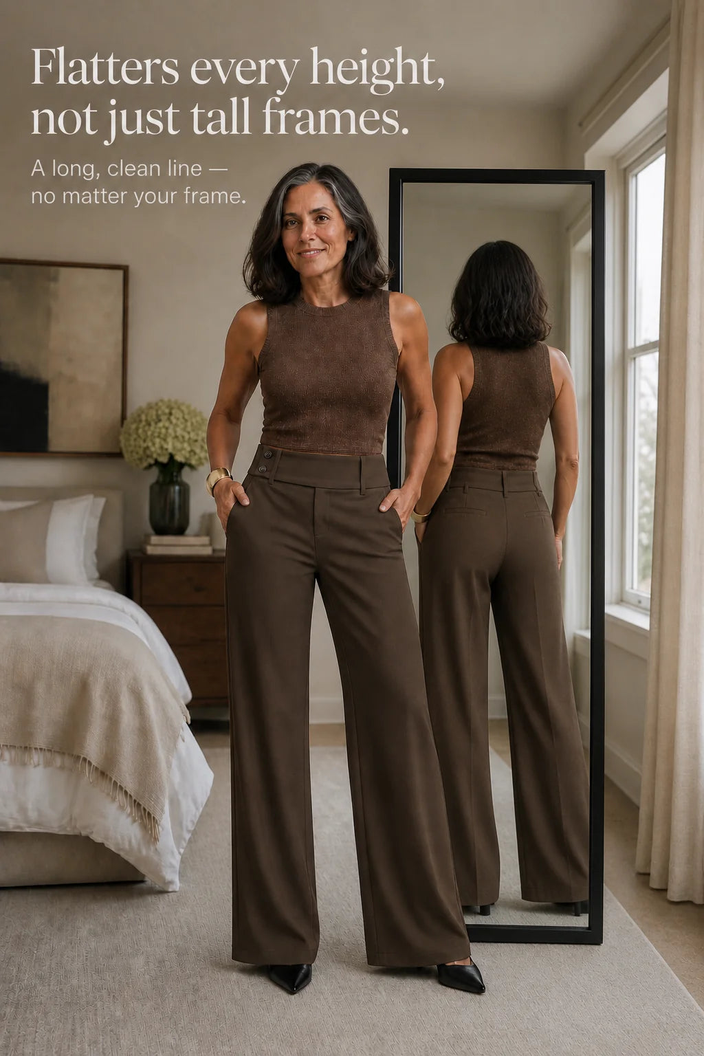 Women's Wide Leg Trousers with High-Waisted Comfort Waistband - Mirror Front Back Reflection