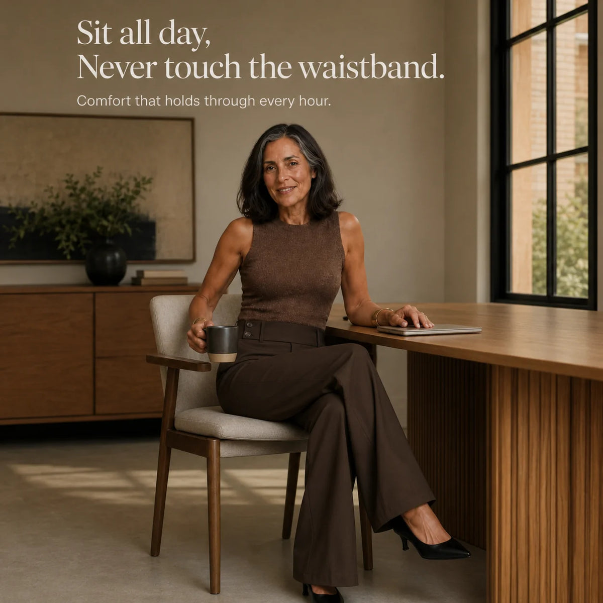 Women's Wide Leg Trousers with High-Waisted Comfort Waistband - Seated Desk Office