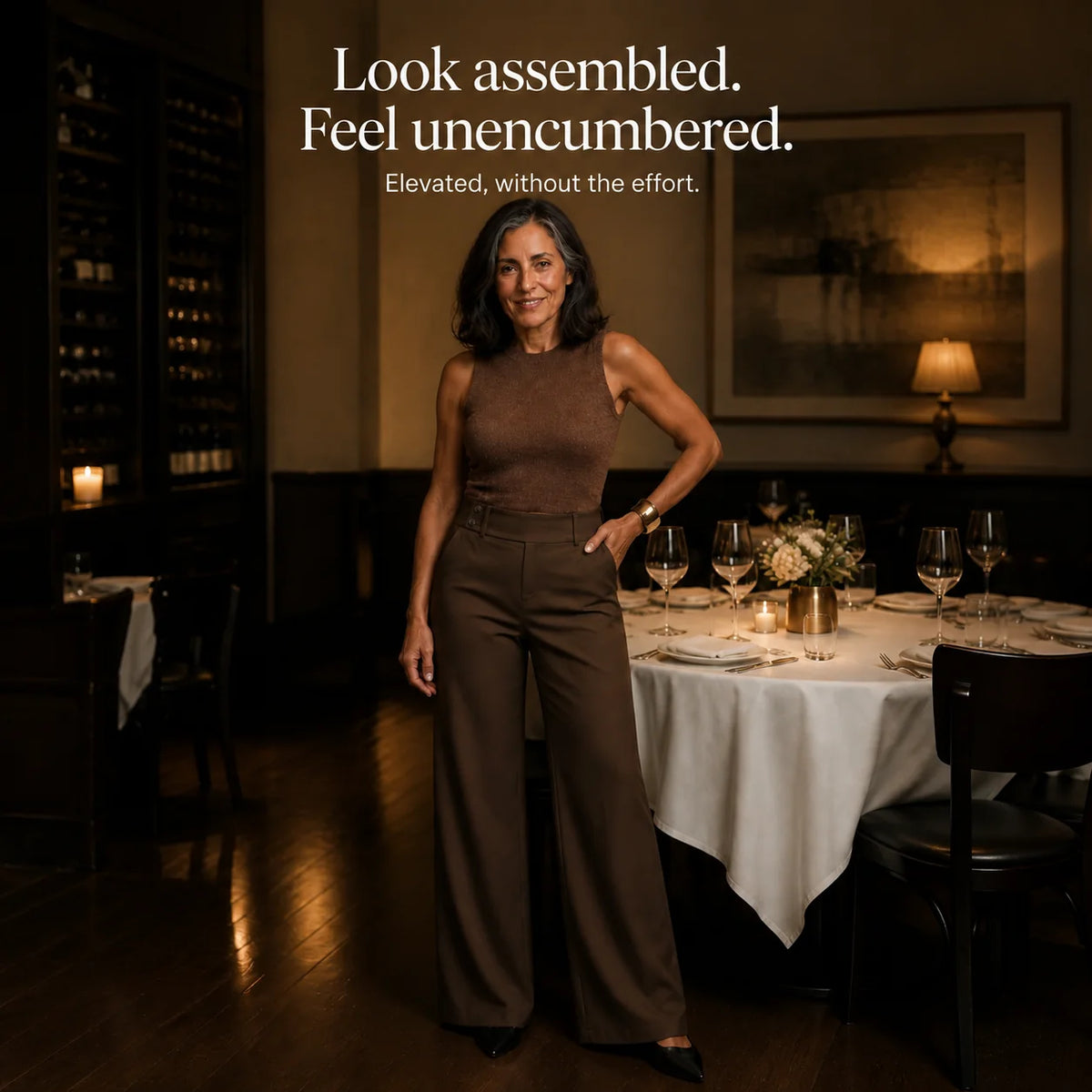 Women's Wide Leg Trousers with High-Waisted Comfort Waistband - Standing Restaurant Evening