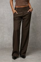 Dark Brown Women's Wide Leg Trousers with High-Waisted Comfort Waistband