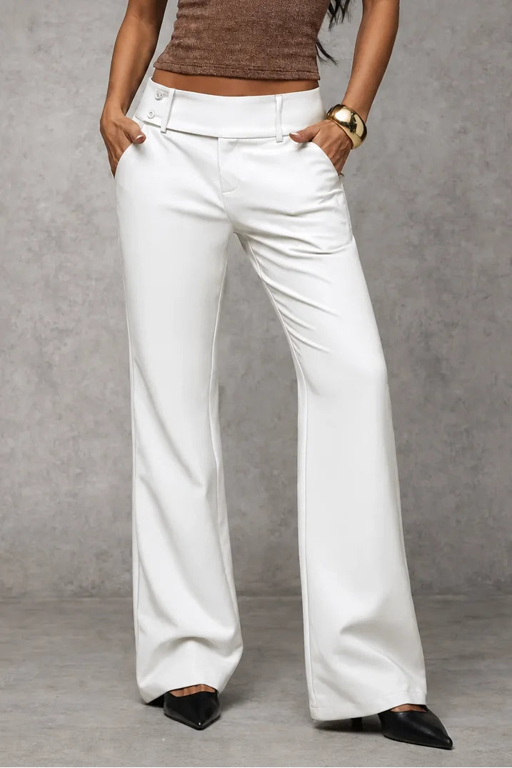 White Women's Wide Leg Trousers with High-Waisted Comfort Waistband
