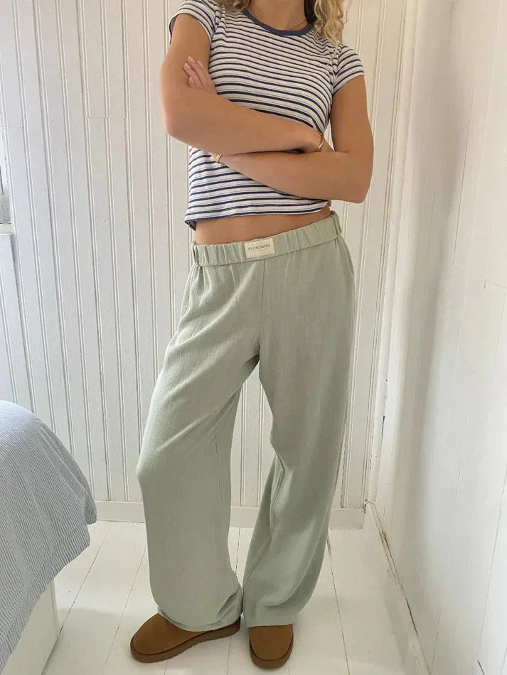 Green Women's Wide-Leg Lounge Pants with Elastic Waistband & Side Pockets — Zora