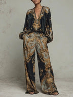 Black Women's Wide Leg Pants Set with Baroque Print & Plunging V-Neck