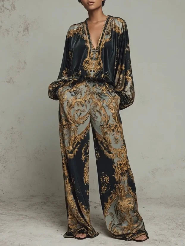 Black Women's Wide Leg Pants Set with Baroque Print & Plunging V-Neck