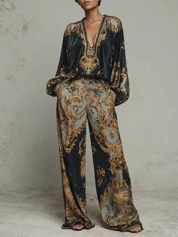 Women's Wide Leg Pants Set with Baroque Print & Plunging V-Neck — Ellie