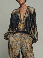 Black Women's Wide Leg Pants Set with Baroque Print & Plunging V-Neck - Close Up Blouse