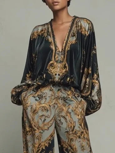 Black Women's Wide Leg Pants Set with Baroque Print & Plunging V-Neck - Close Up Blouse