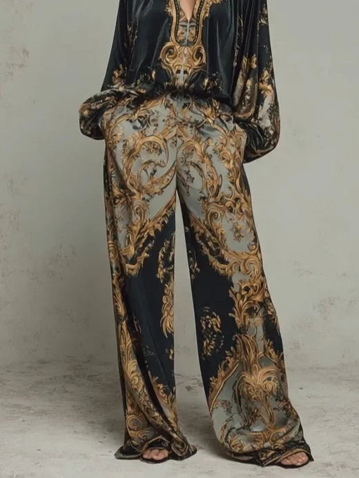 Black Women's Wide Leg Pants Set with Baroque Print & Plunging V-Neck - Close Up Pants