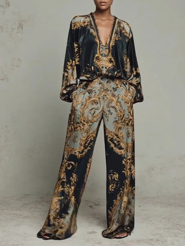 Black Women's Wide Leg Pants Set with Baroque Print & Plunging V-Neck - Front Pose