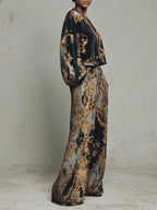 Black Women's Wide Leg Pants Set with Baroque Print & Plunging V-Neck - Side Profile