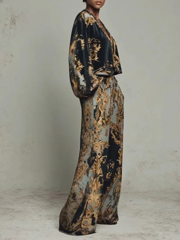 Black Women's Wide Leg Pants Set with Baroque Print & Plunging V-Neck - Side Profile