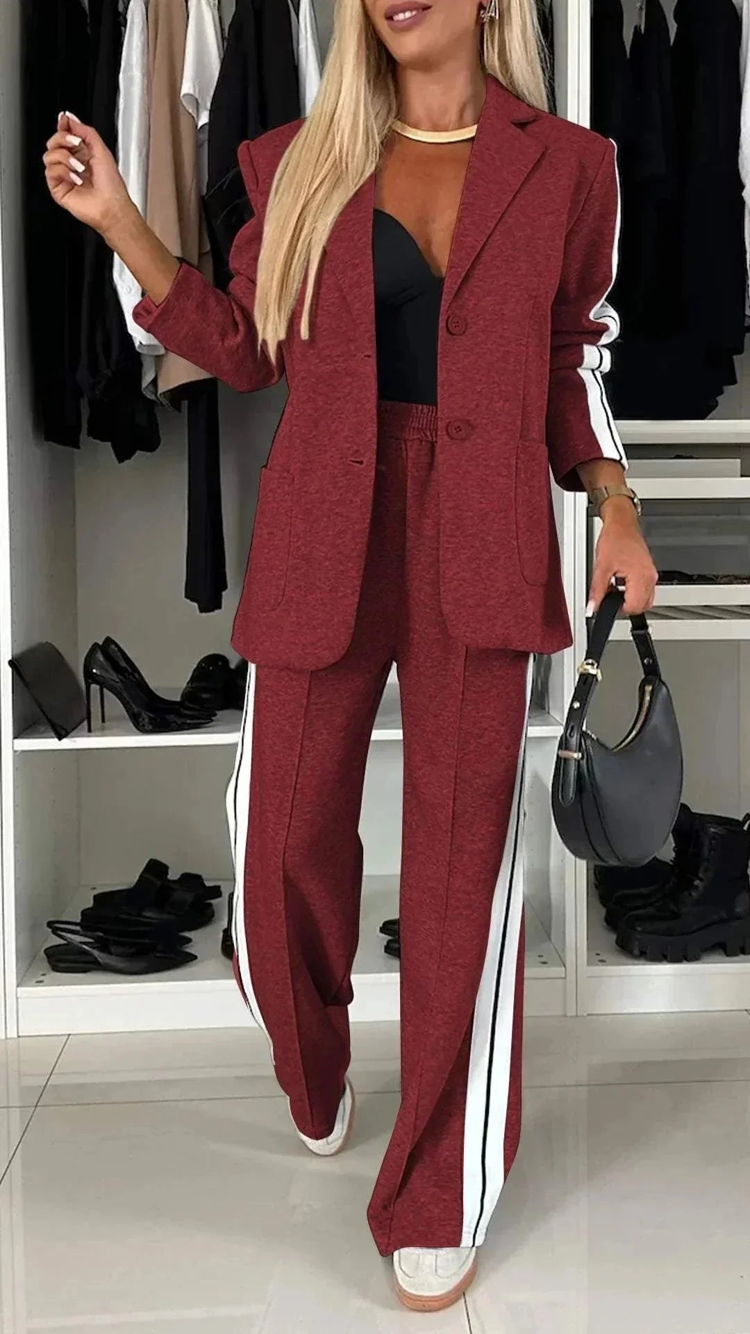 Dark Red Women's Striped Pantsuit with Wide-Leg Trousers & Button-Front Blazer