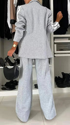 Gray Women's Striped Pantsuit with Wide-Leg Trousers & Button-Front Blazer — Rosalind - Back Full