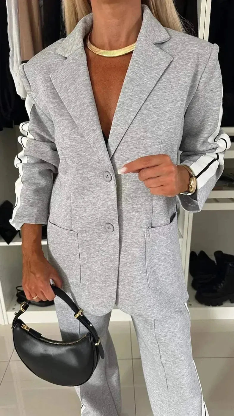 Gray Women's Striped Pantsuit with Wide-Leg Trousers & Button-Front Blazer — Rosalind - Close Up Collar