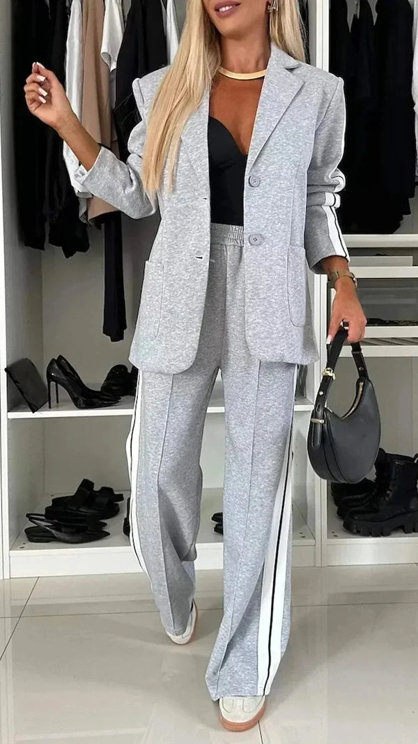 Gray Women's Striped Pantsuit with Wide-Leg Trousers & Button-Front Blazer — Rosalind