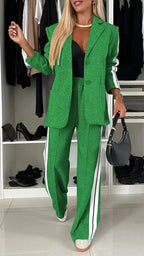 Green Women's Striped Pantsuit with Wide-Leg Trousers & Button-Front Blazer