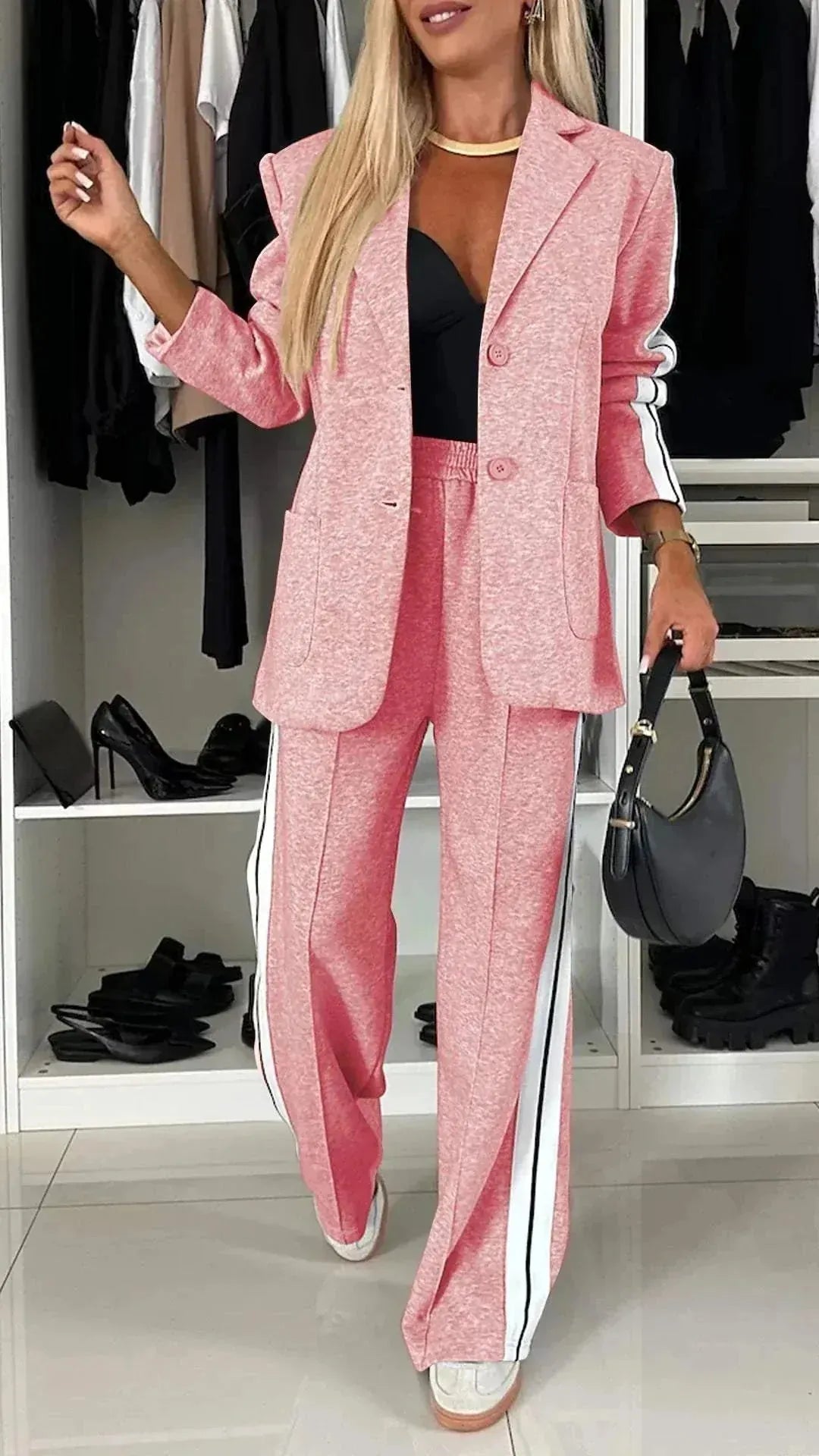 Pink Women's Striped Pantsuit with Wide-Leg Trousers & Button-Front Blazer — Rosalind