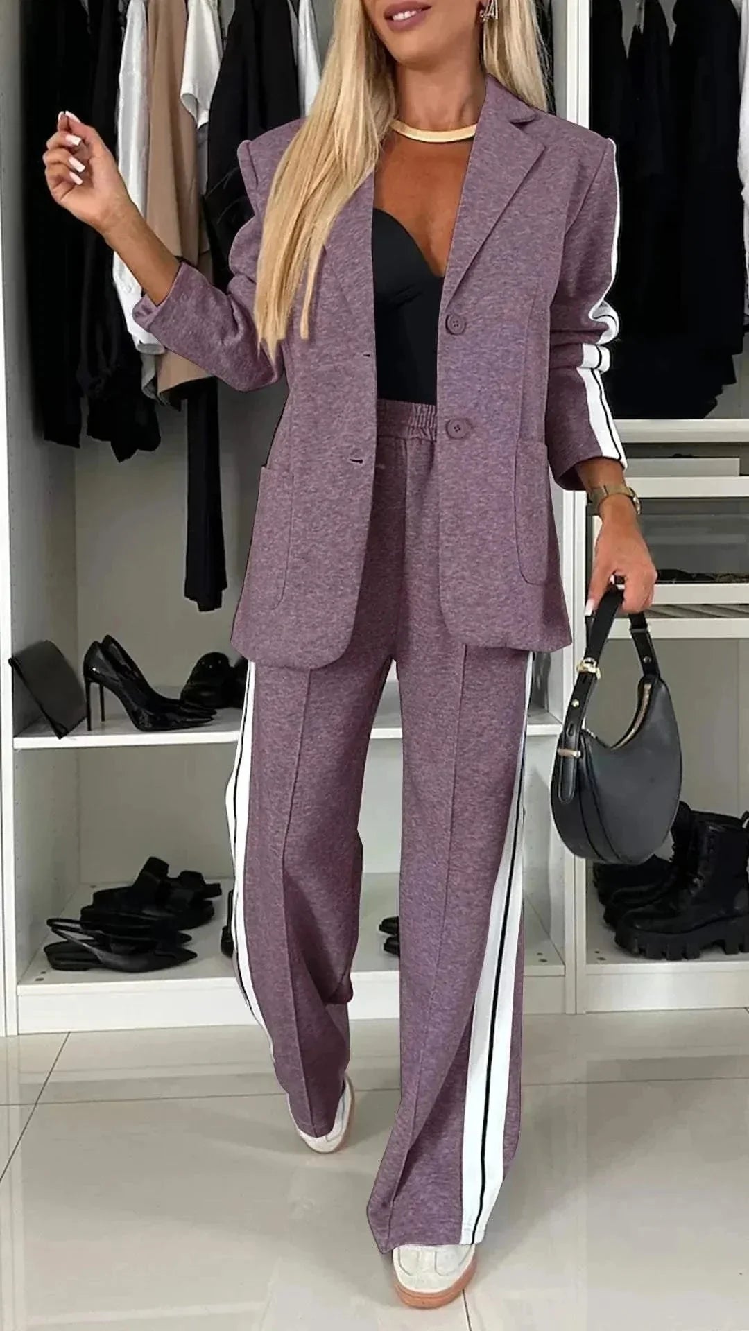 Purple Women's Striped Pantsuit with Wide-Leg Trousers & Button-Front Blazer