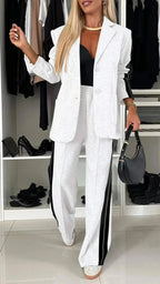 White Women's Striped Pantsuit with Wide-Leg Trousers & Button-Front Blazer