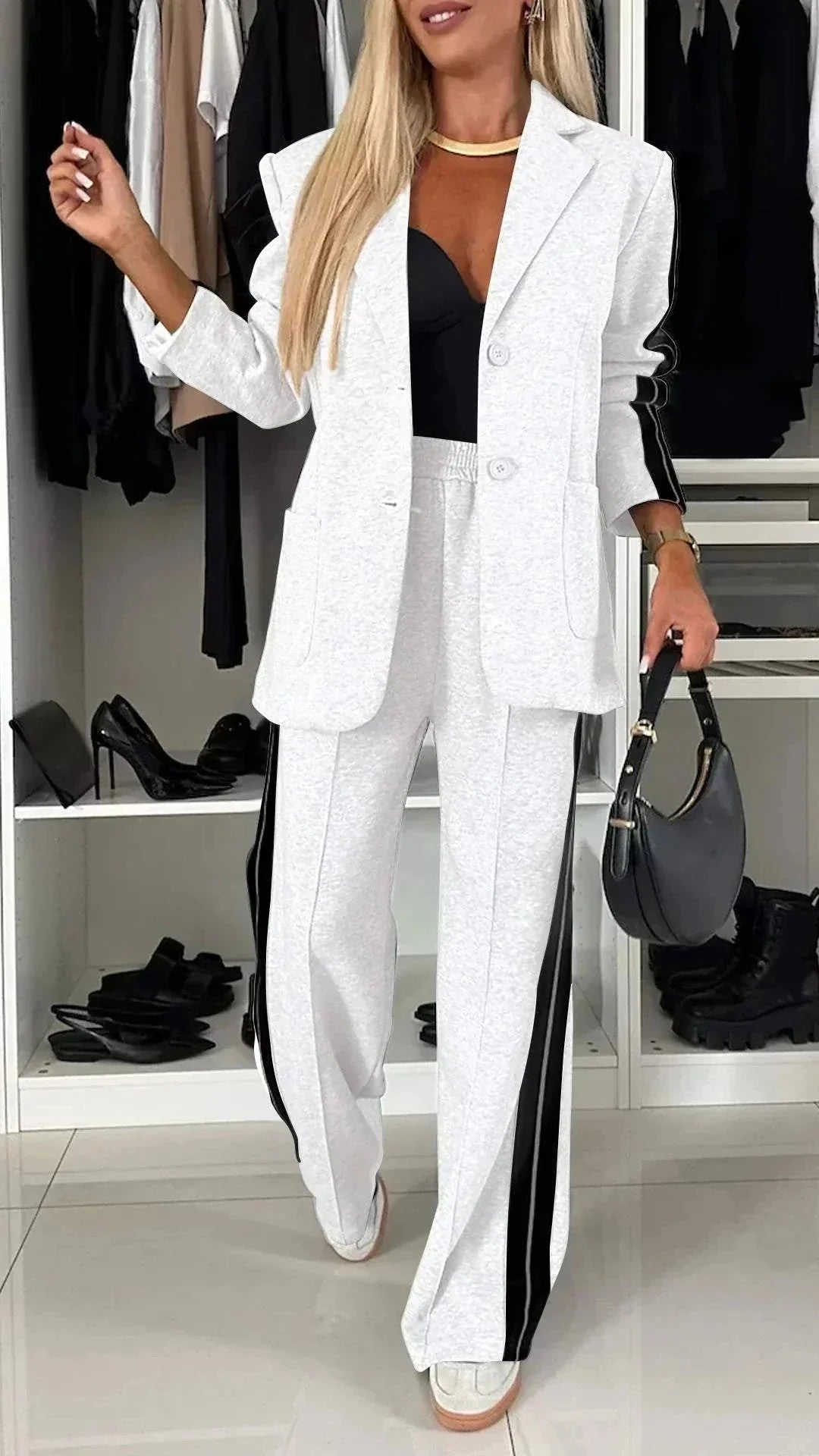 White Women's Striped Pantsuit with Wide-Leg Trousers & Button-Front Blazer