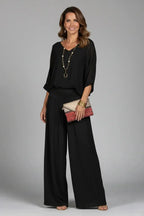 Black Women's Crinkle-Textured V-Neck Two-Piece Set with Wide-Leg Pants