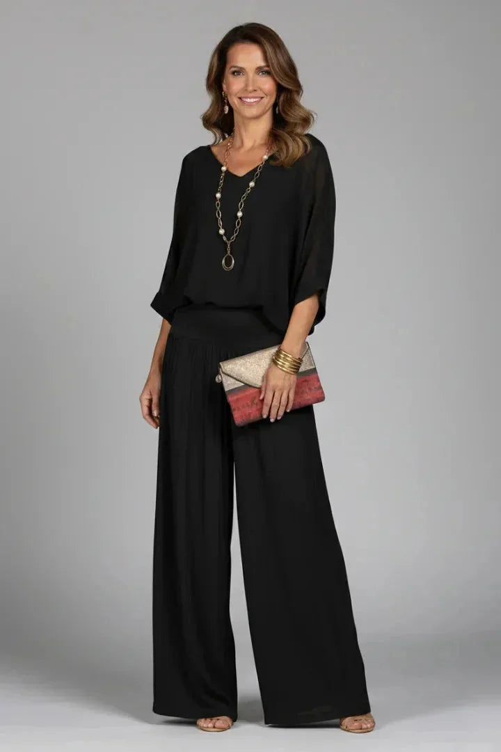 Black Women's Crinkle-Textured V-Neck Two-Piece Set with Wide-Leg Pants