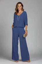 Blue Women's Crinkle-Textured V-Neck Two-Piece Set with Wide-Leg Pants