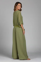 Women's Crinkle-Textured V-Neck Two-Piece Set with Wide-Leg Pants - Back Full Side