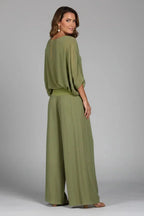 Women's Crinkle-Textured V-Neck Two-Piece Set with Wide-Leg Pants - Back Pose Turn