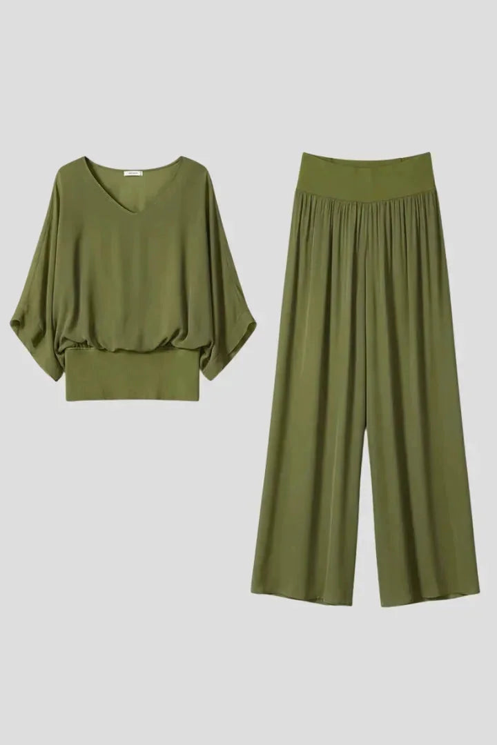 Women's Crinkle-Textured V-Neck Two-Piece Set with Wide-Leg Pants - Flat Lay