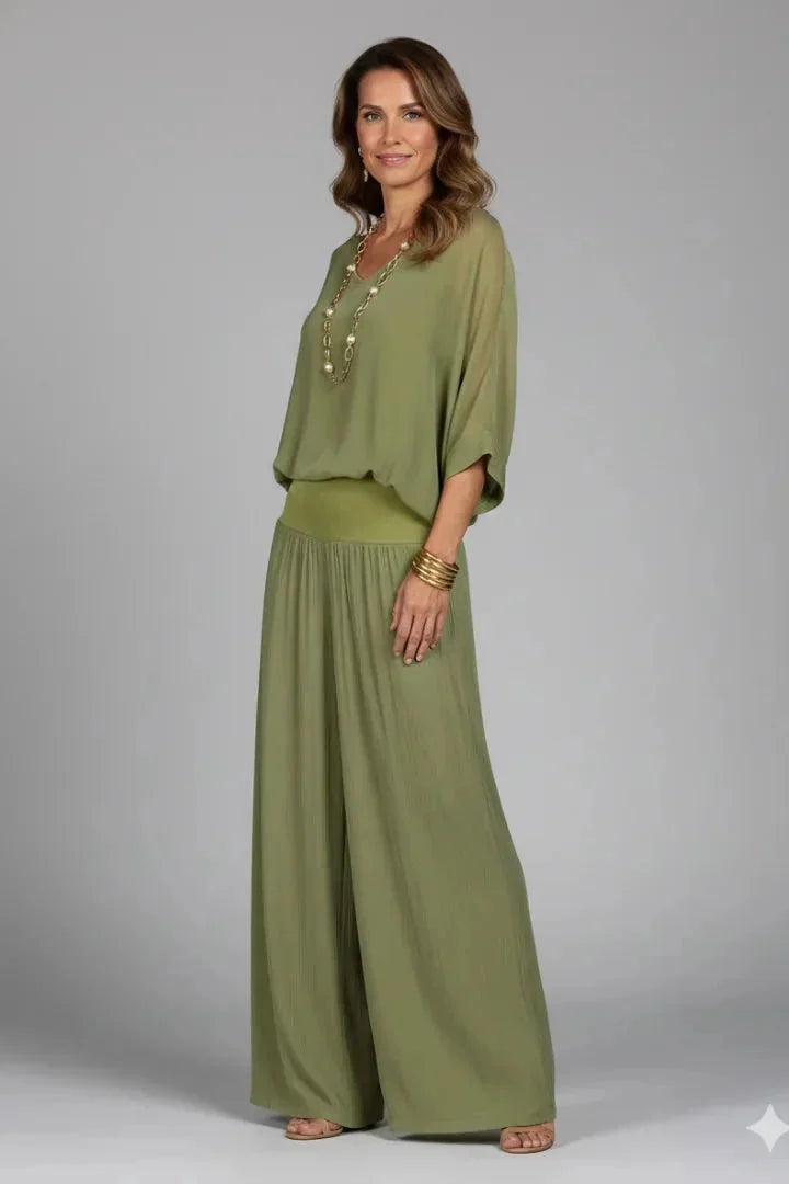 Women's Crinkle-Textured V-Neck Two-Piece Set with Wide-Leg Pants - Side Pose