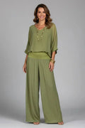 Women's Crinkle-Textured V-Neck Two-Piece Set with Wide-Leg Pants — Cecily