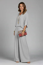 Grey Women's Crinkle-Textured V-Neck Two-Piece Set with Wide-Leg Pants
