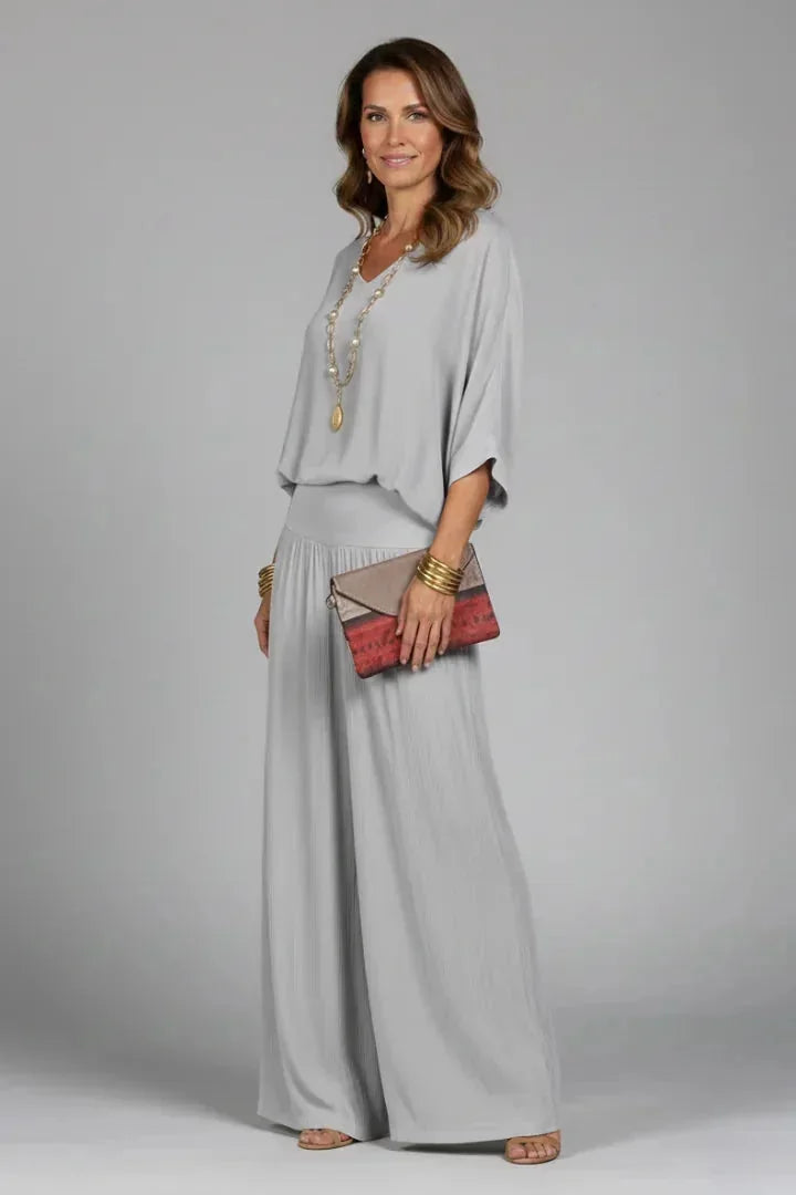 Grey Women's Crinkle-Textured V-Neck Two-Piece Set with Wide-Leg Pants