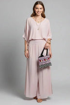 Pink Women's Crinkle-Textured V-Neck Two-Piece Set with Wide-Leg Pants