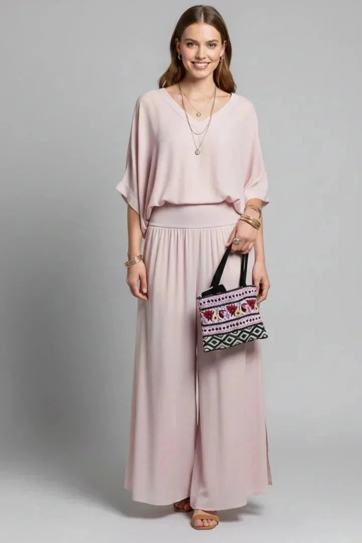 Pink Women's Crinkle-Textured V-Neck Two-Piece Set with Wide-Leg Pants