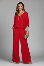 Red Women's Crinkle-Textured V-Neck Two-Piece Set with Wide-Leg Pants
