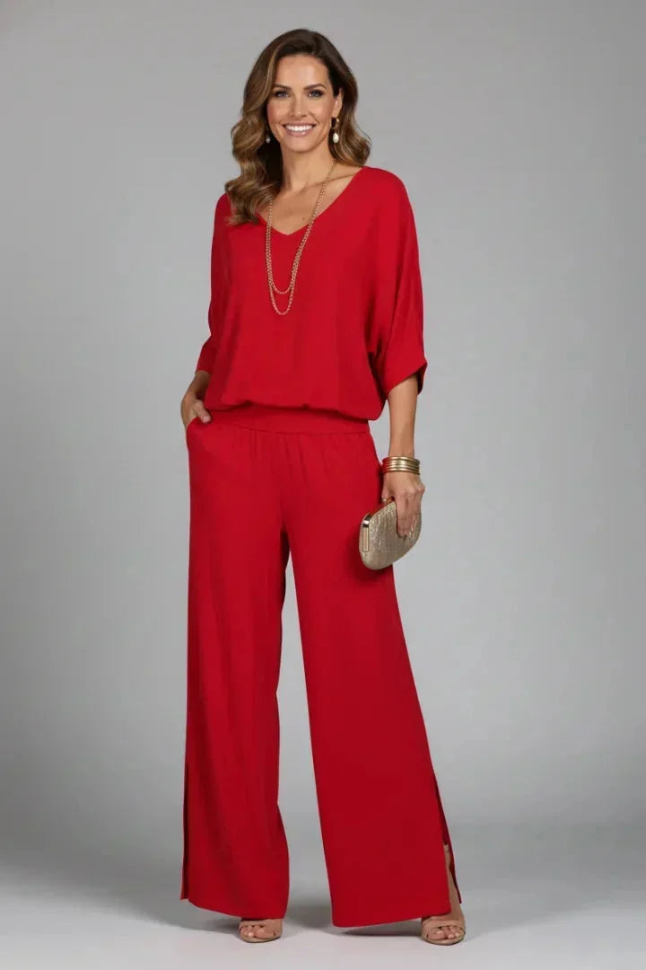 Red Women's Crinkle-Textured V-Neck Two-Piece Set with Wide-Leg Pants