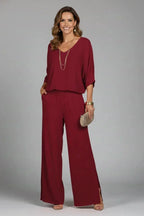 Rose Red Women's Crinkle-Textured V-Neck Two-Piece Set with Wide-Leg Pants