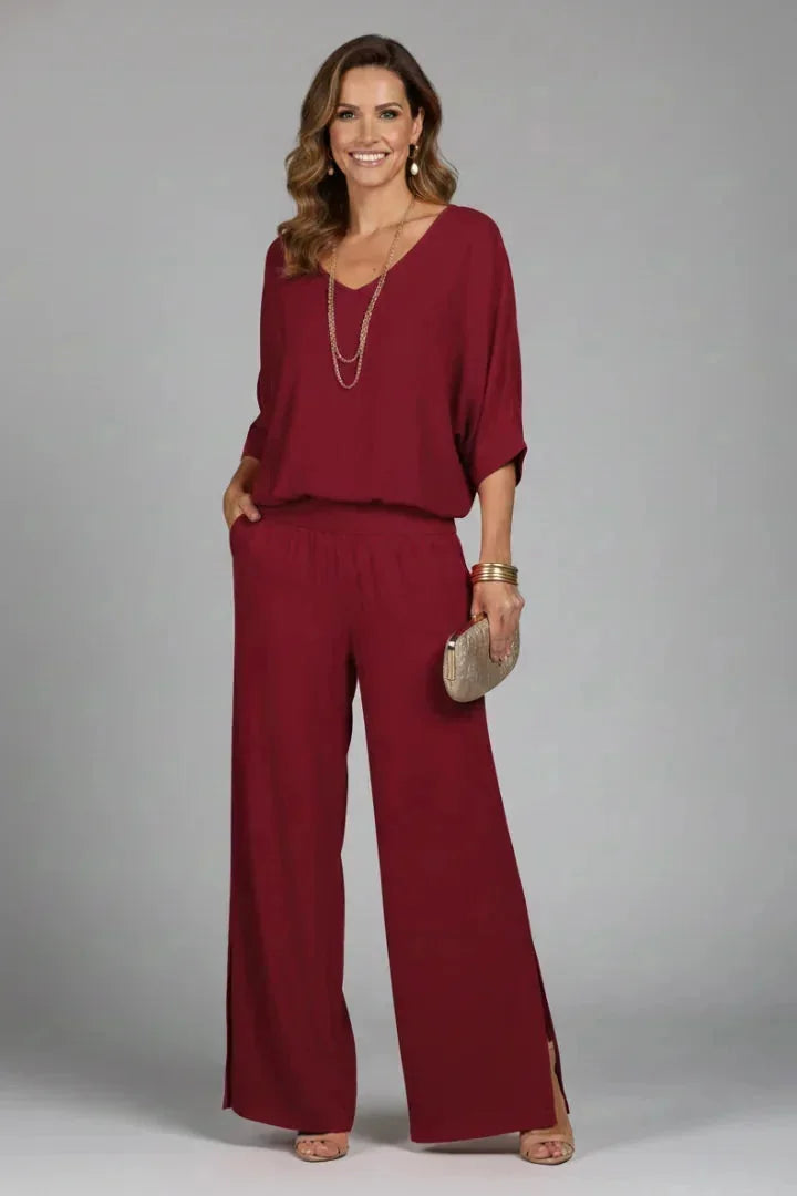 Rose Red Women's Crinkle-Textured V-Neck Two-Piece Set with Wide-Leg Pants