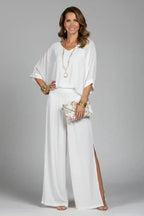 White Women's Crinkle-Textured V-Neck Two-Piece Set with Wide-Leg Pants