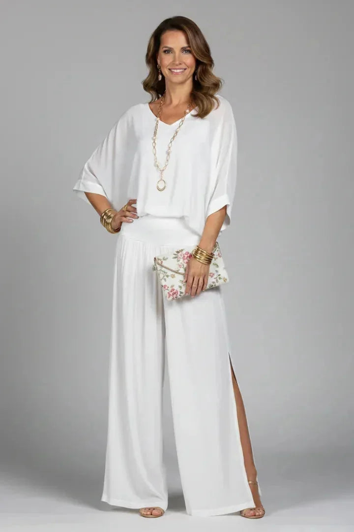 White Women's Crinkle-Textured V-Neck Two-Piece Set with Wide-Leg Pants
