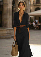 Black Women's Winter Maxi Dress with Wrap Neckline & Relaxed Fit