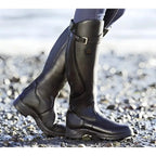 Black Women's Waterproof Leather Riding Boots with Buckle Strap