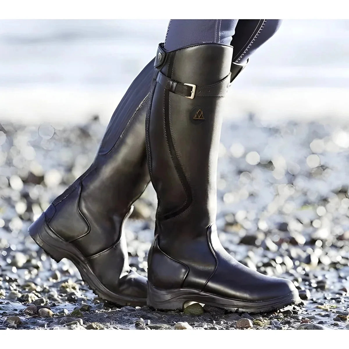 Black Women's Waterproof Leather Riding Boots with Buckle Strap