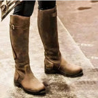 Brown Women's Waterproof Leather Riding Boots with Buckle Strap — Miranda