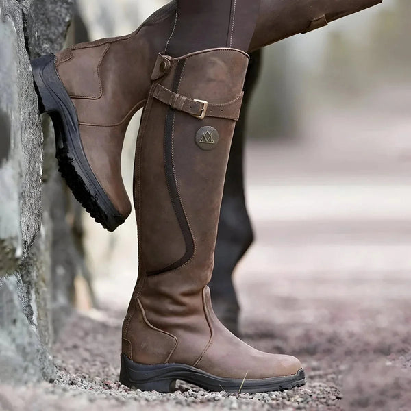 Dark Brown Women's Waterproof Leather Riding Boots with Buckle Strap — Miranda