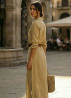 Khaki Women's Winter Maxi Dress with Wrap Neckline & Relaxed Fit — Riley - Back Pose