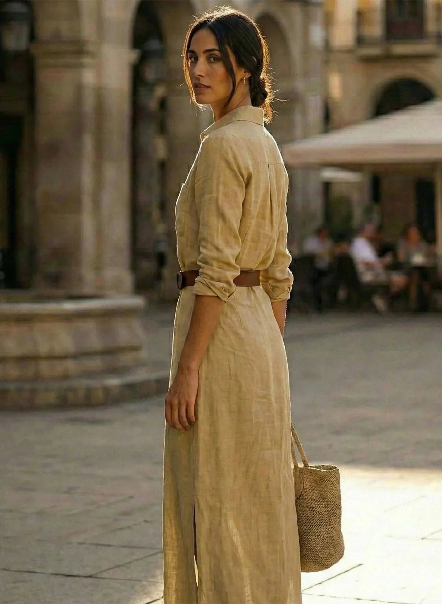 Khaki Women's Winter Maxi Dress with Wrap Neckline & Relaxed Fit — Riley - Back Pose
